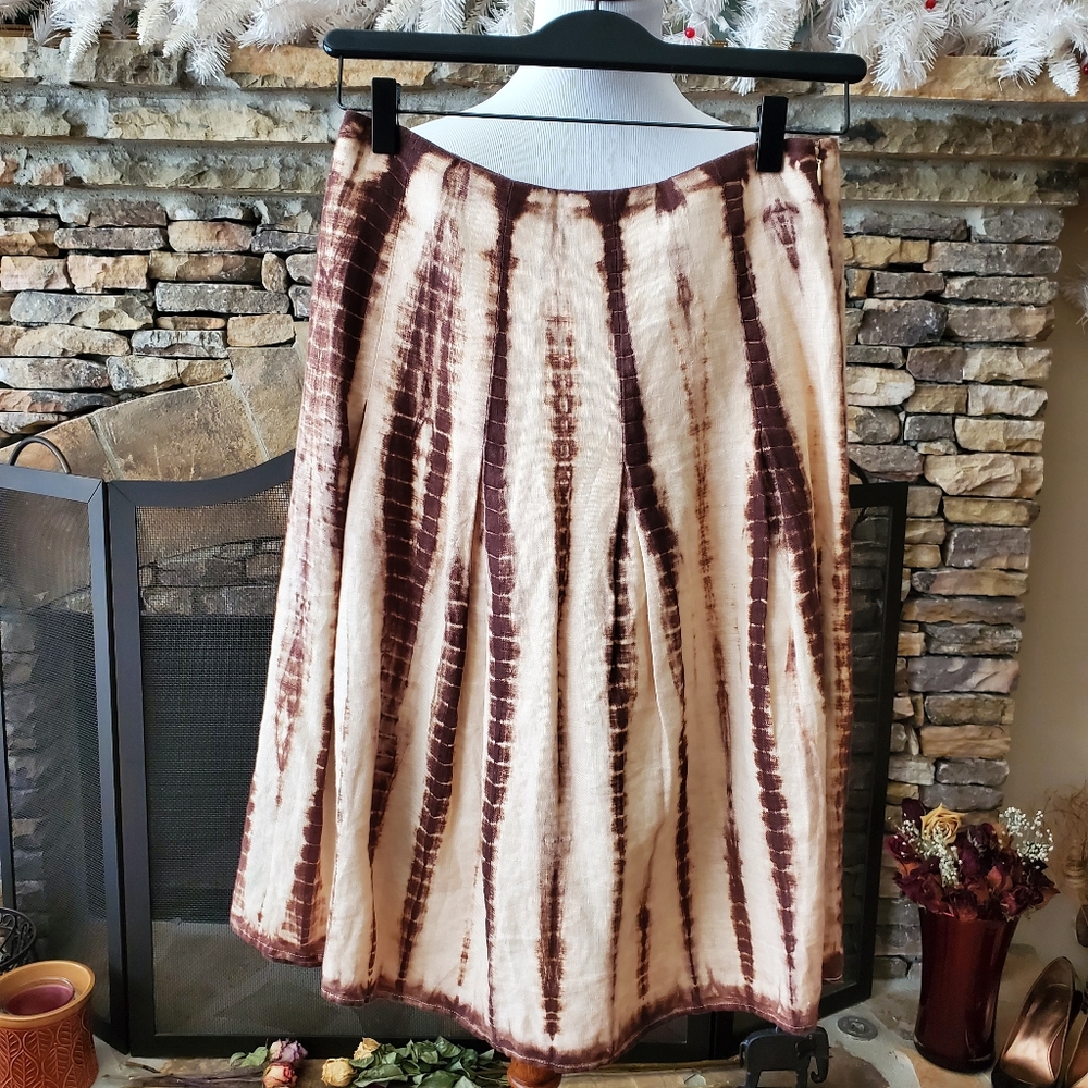 M K Linen/Brown Safari Tie-dye Pleated Skirt